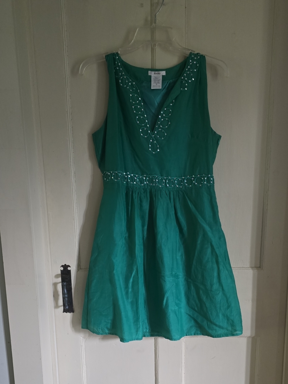Esley Teal Sleeveless V-Neck Mini Dress with Beaded Trim